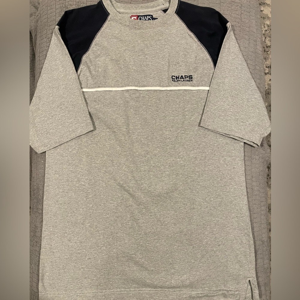 Chaps Ralph Lauren Mens Heather Navy and Black Raglan Tee Size Large Vintage Y2K